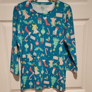 Karen Scott Festive Teal Holiday Top